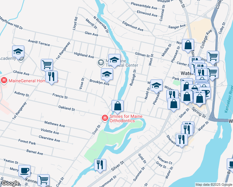 map of restaurants, bars, coffee shops, grocery stores, and more near 15 Messalonskee Avenue in Waterville