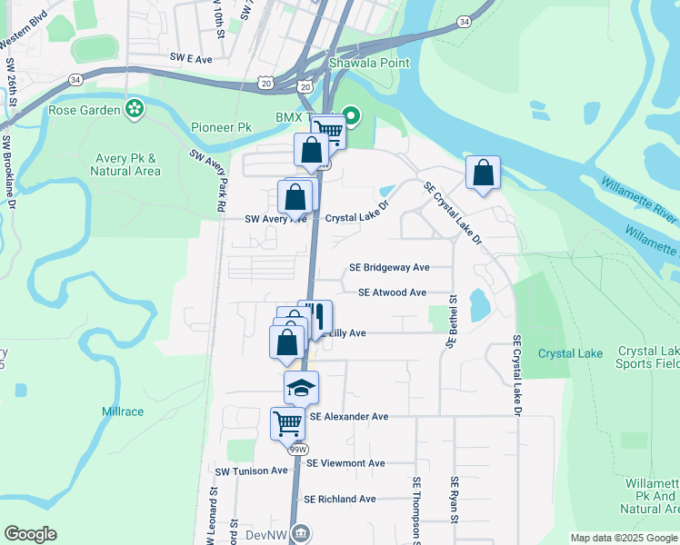 map of restaurants, bars, coffee shops, grocery stores, and more near 203 Southeast Bridgeway Avenue in Corvallis