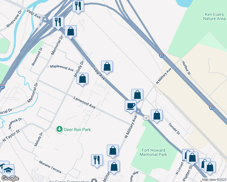 map of restaurants, bars, coffee shops, grocery stores, and more near 1675 Velp Avenue in Green Bay