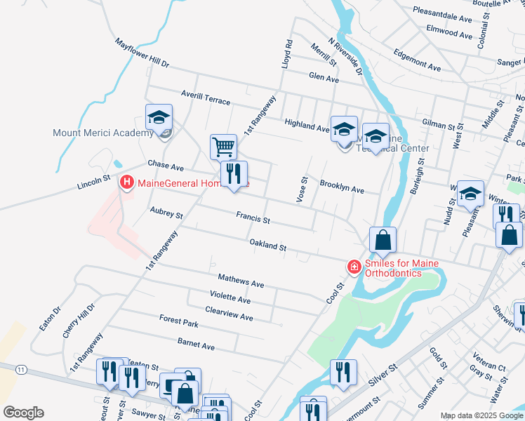map of restaurants, bars, coffee shops, grocery stores, and more near 7 Russell Street in Waterville