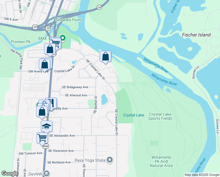 map of restaurants, bars, coffee shops, grocery stores, and more near 1688 Southeast Crystal Lake Drive in Corvallis