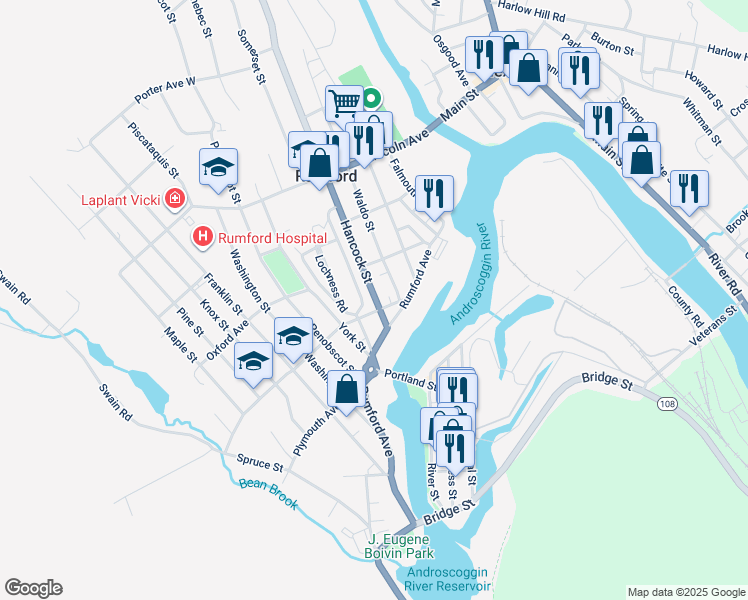 map of restaurants, bars, coffee shops, grocery stores, and more near 11 Erchles Street in Rumford