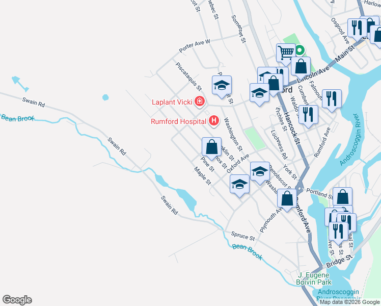 map of restaurants, bars, coffee shops, grocery stores, and more near 347 Pine Street in Rumford
