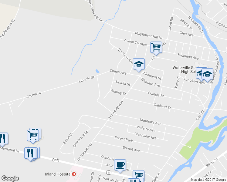 map of restaurants, bars, coffee shops, grocery stores, and more near 4 Aubrey Street in Waterville
