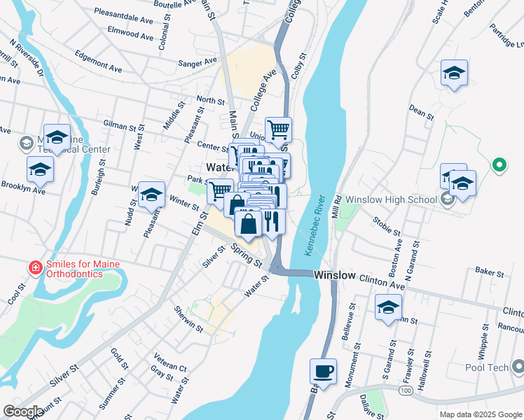 map of restaurants, bars, coffee shops, grocery stores, and more near 20 Main Street in Waterville