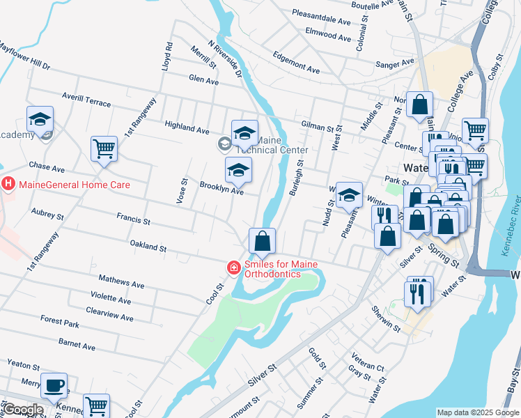 map of restaurants, bars, coffee shops, grocery stores, and more near 17 Messalonskee Avenue in Waterville