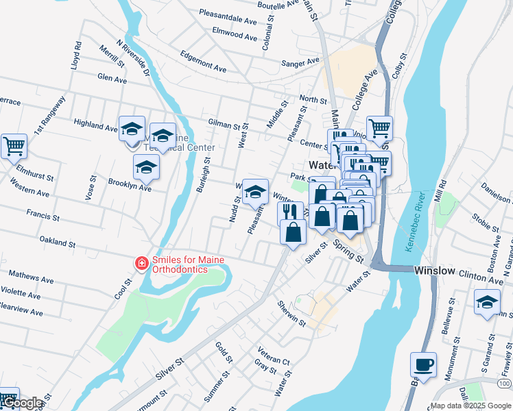 map of restaurants, bars, coffee shops, grocery stores, and more near 27 Pleasant Street in Waterville