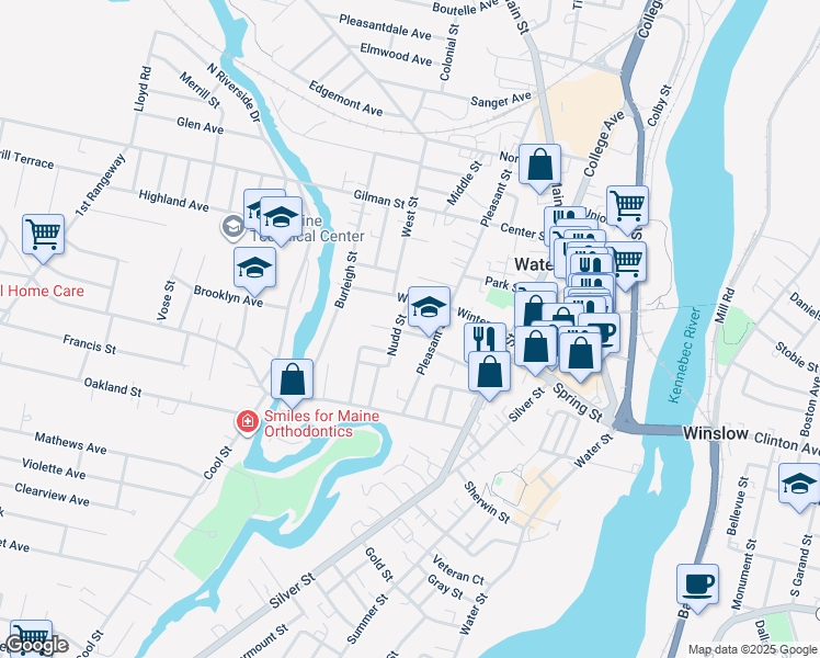 map of restaurants, bars, coffee shops, grocery stores, and more near 10 Dalton Street in Waterville