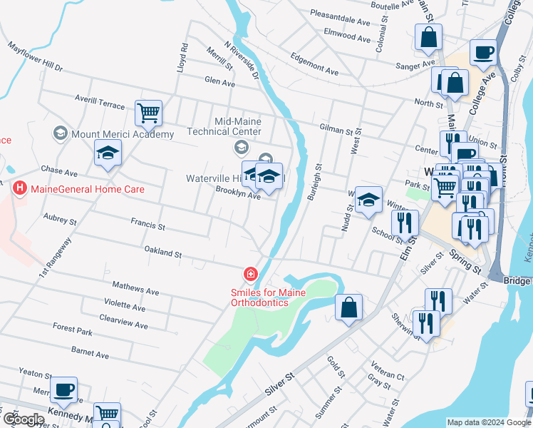 map of restaurants, bars, coffee shops, grocery stores, and more near 15 Messalonskee Avenue in Waterville