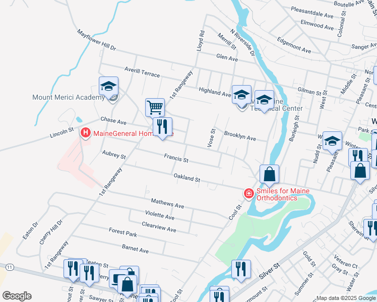 map of restaurants, bars, coffee shops, grocery stores, and more near 7 Russell Street in Waterville