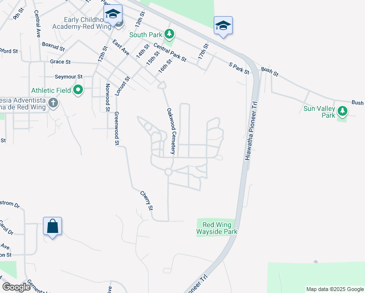 map of restaurants, bars, coffee shops, grocery stores, and more near 1258 Cherry Street in Red Wing