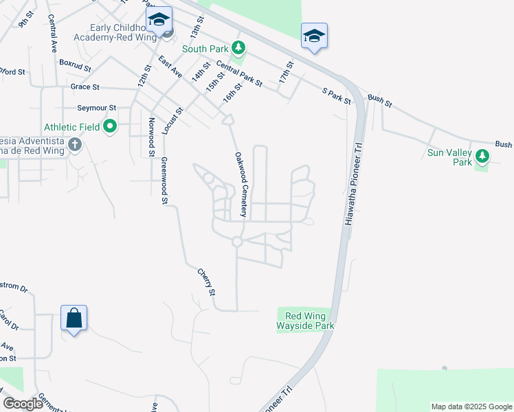 map of restaurants, bars, coffee shops, grocery stores, and more near 1258 Cherry Street in Red Wing