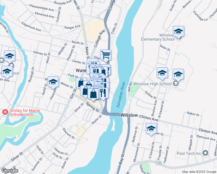 map of restaurants, bars, coffee shops, grocery stores, and more near 80 Front Street in Waterville