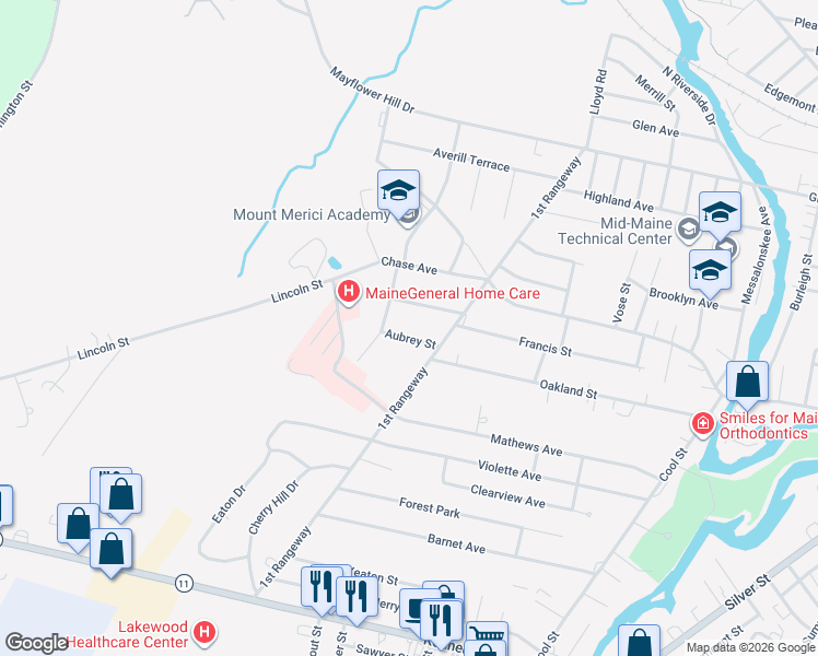 map of restaurants, bars, coffee shops, grocery stores, and more near 4 Aubrey Street in Waterville