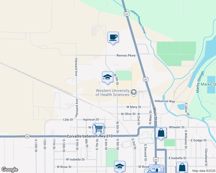 map of restaurants, bars, coffee shops, grocery stores, and more near 500 North 5th Street in Lebanon