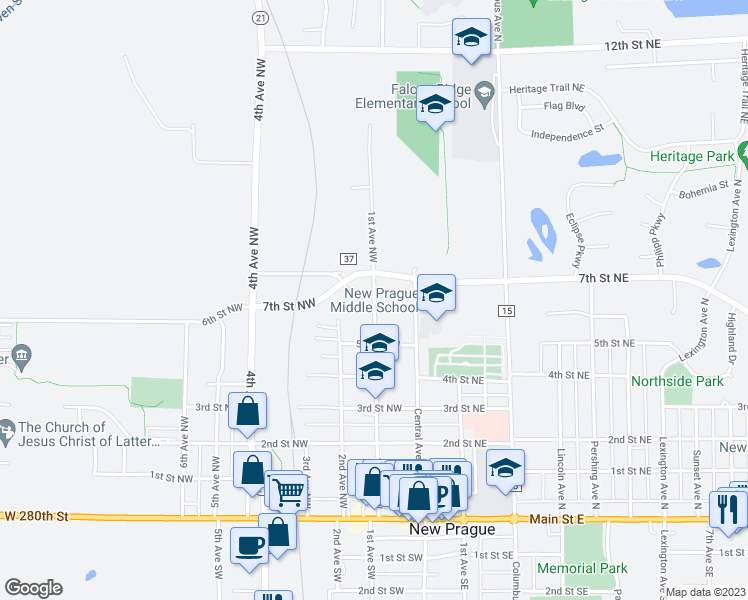 map of restaurants, bars, coffee shops, grocery stores, and more near 700 1st Avenue Northwest in New Prague