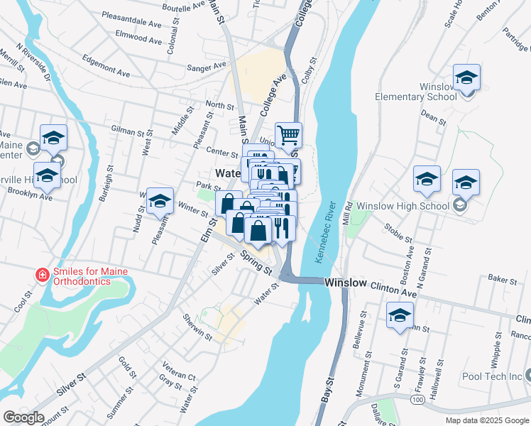 map of restaurants, bars, coffee shops, grocery stores, and more near 20 Main Street in Waterville