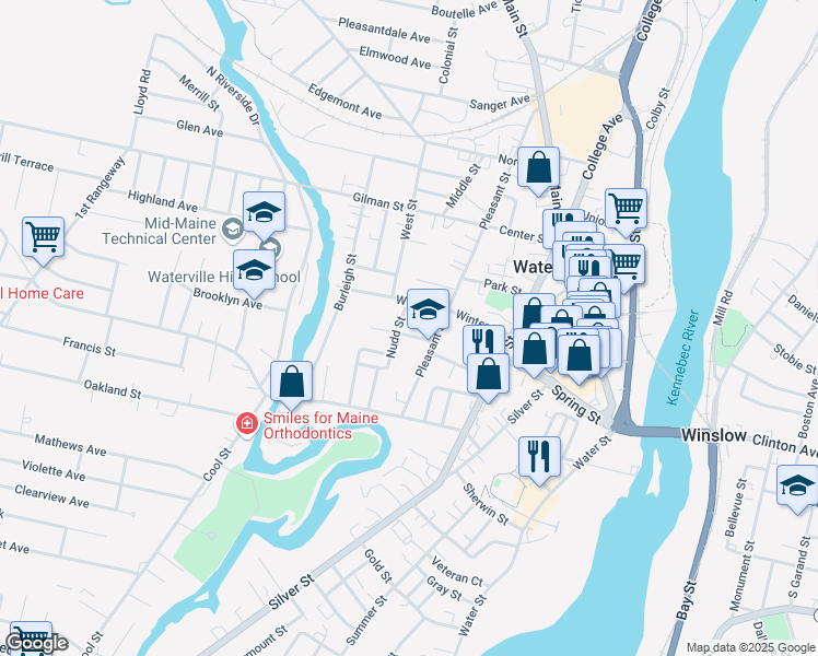 map of restaurants, bars, coffee shops, grocery stores, and more near 10 Dalton Street in Waterville