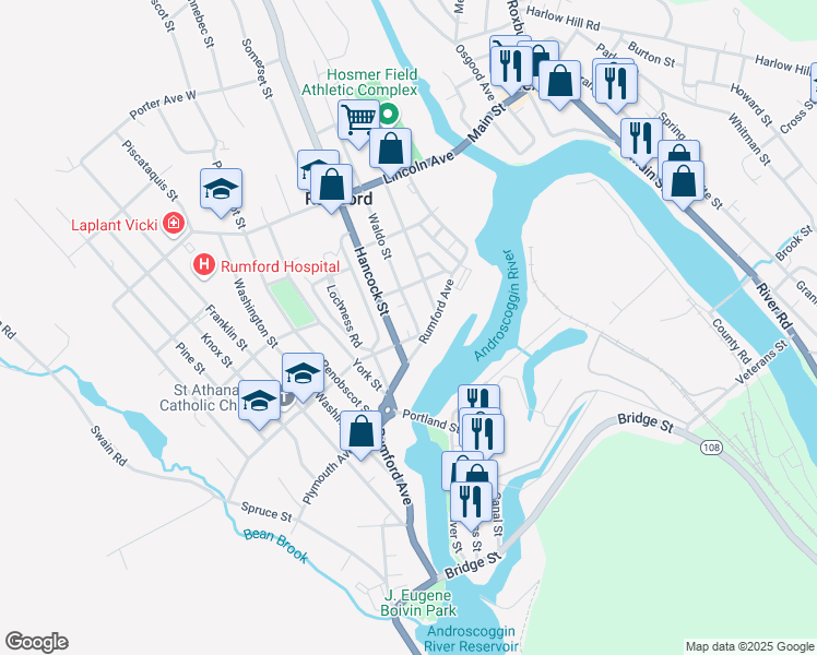 map of restaurants, bars, coffee shops, grocery stores, and more near 101 Waldo Street in Rumford