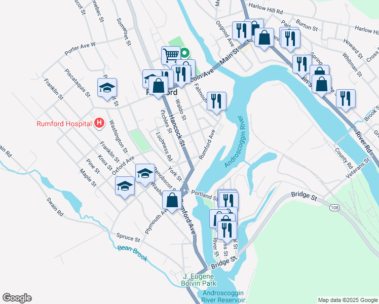 map of restaurants, bars, coffee shops, grocery stores, and more near 101 Waldo Street in Rumford
