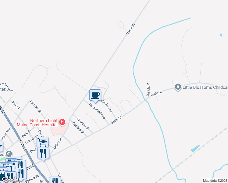 map of restaurants, bars, coffee shops, grocery stores, and more near 25 Tweedie Lane in Ellsworth