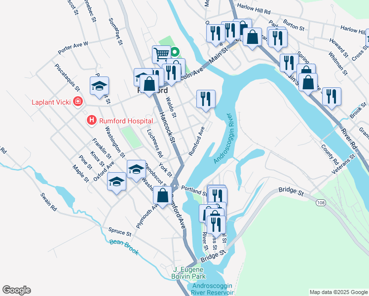 map of restaurants, bars, coffee shops, grocery stores, and more near 101 Waldo Street in Rumford