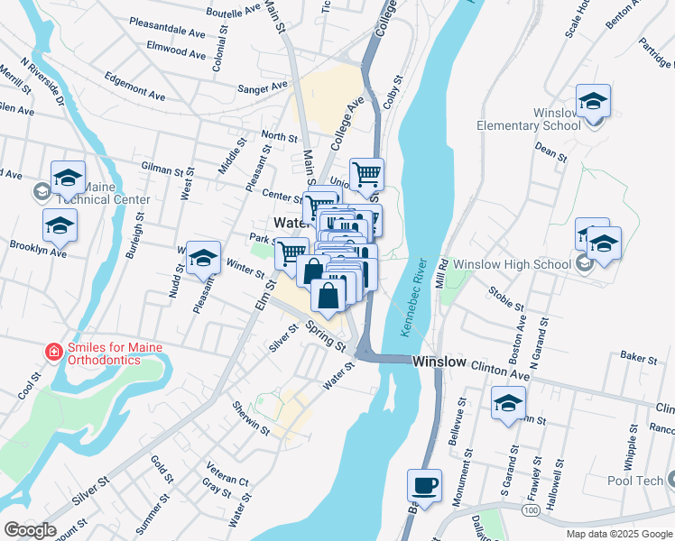 map of restaurants, bars, coffee shops, grocery stores, and more near 20 Main Street in Waterville