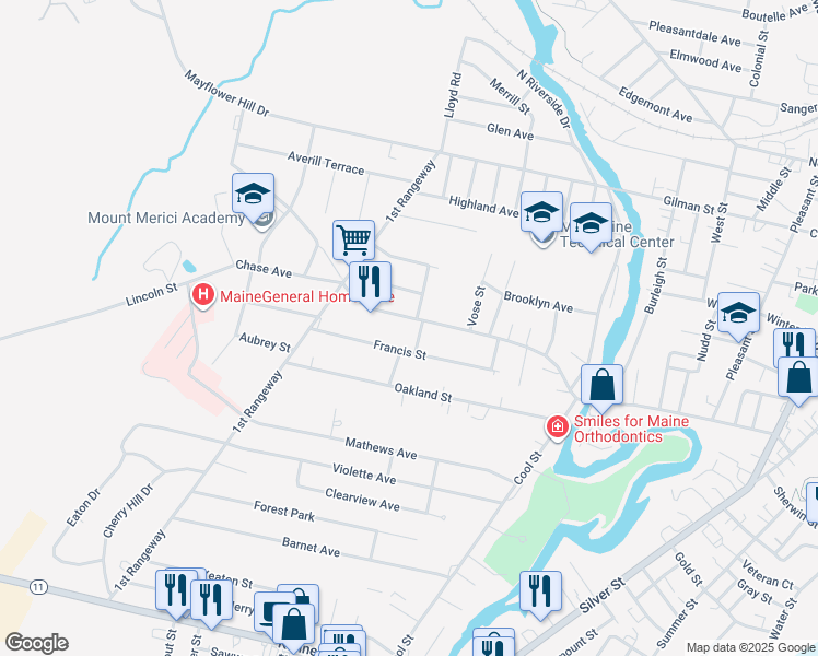 map of restaurants, bars, coffee shops, grocery stores, and more near 7 Russell Street in Waterville