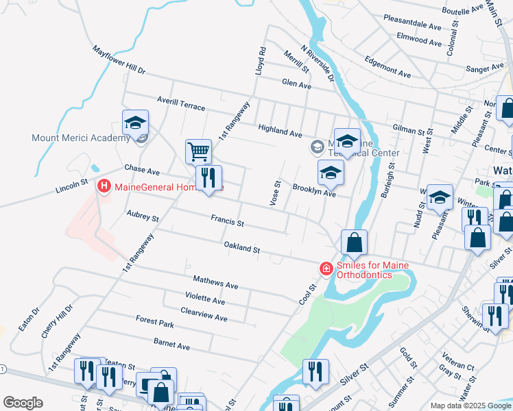 map of restaurants, bars, coffee shops, grocery stores, and more near 118 Western Avenue in Waterville
