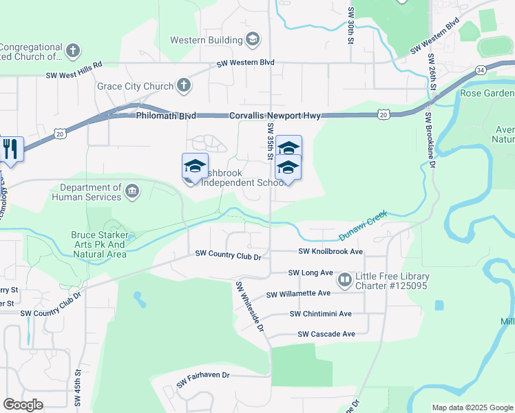 map of restaurants, bars, coffee shops, grocery stores, and more near 1650 South West Country Club Place in Corvallis