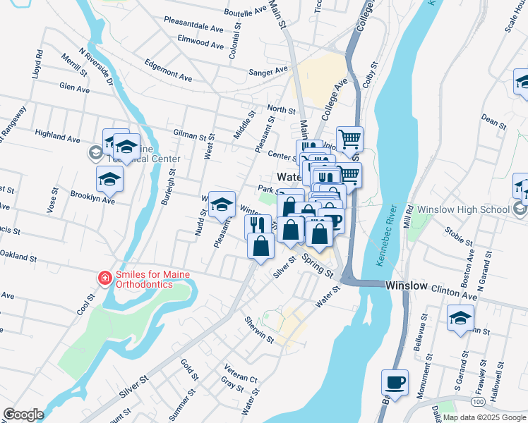 map of restaurants, bars, coffee shops, grocery stores, and more near 16 Percival Court in Waterville