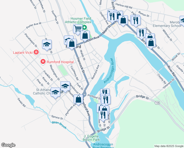 map of restaurants, bars, coffee shops, grocery stores, and more near 101 Waldo Street in Rumford