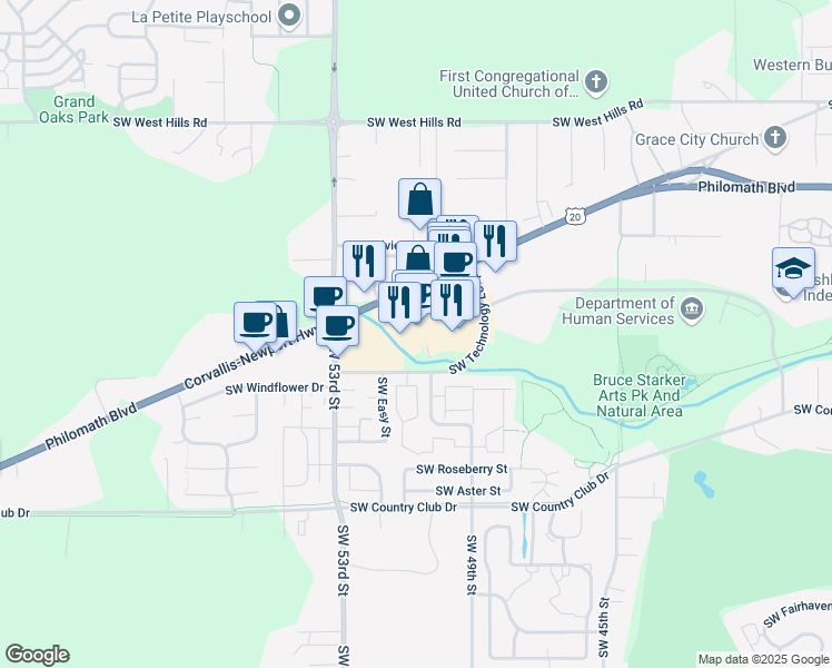 map of restaurants, bars, coffee shops, grocery stores, and more near 5270 Philomath Boulevard in Corvallis