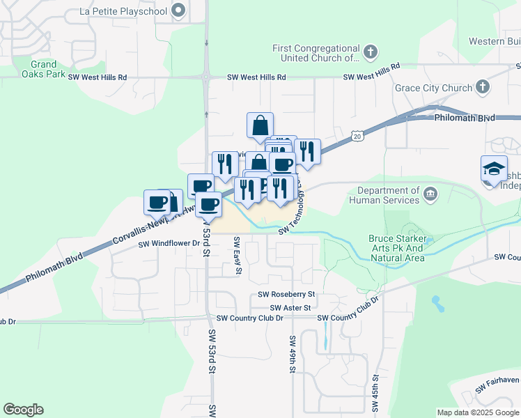 map of restaurants, bars, coffee shops, grocery stores, and more near 5270 Philomath Boulevard in Corvallis