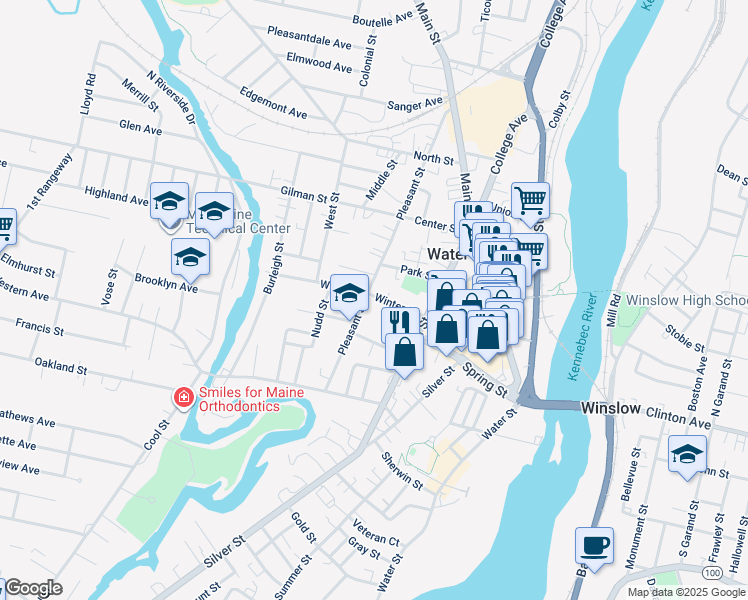 map of restaurants, bars, coffee shops, grocery stores, and more near 27 Pleasant Street in Waterville