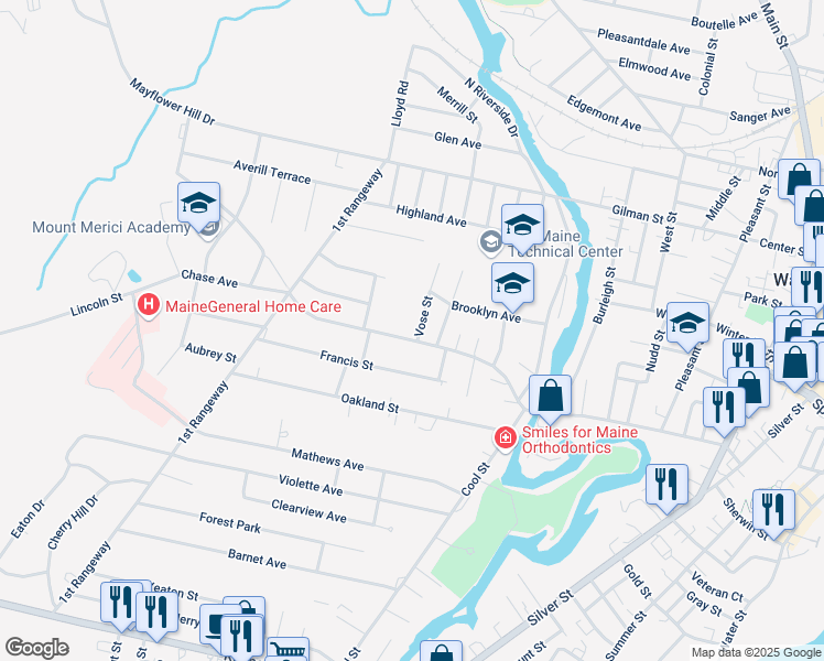 map of restaurants, bars, coffee shops, grocery stores, and more near 118 Western Avenue in Waterville