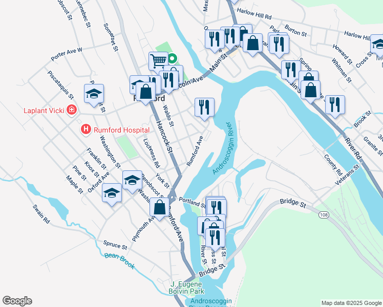map of restaurants, bars, coffee shops, grocery stores, and more near 101 Waldo Street in Rumford