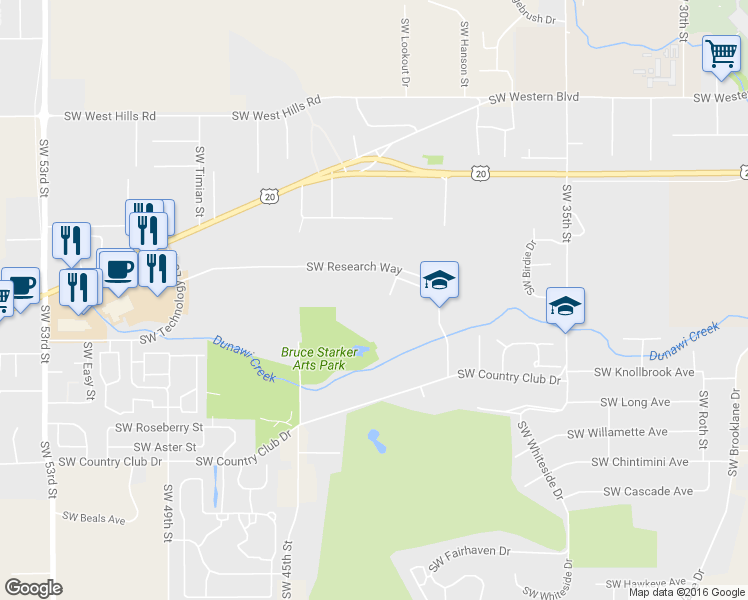 map of restaurants, bars, coffee shops, grocery stores, and more near 4170 Southwest Research Way in Corvallis
