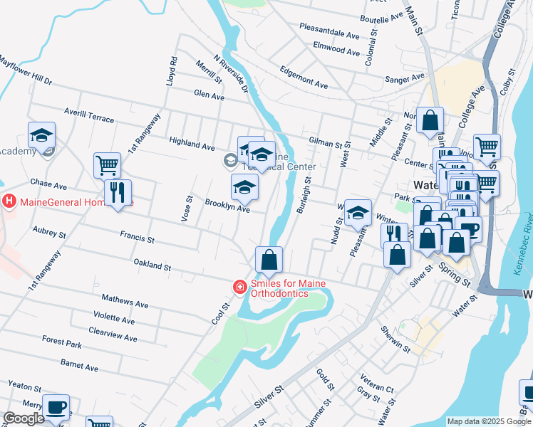 map of restaurants, bars, coffee shops, grocery stores, and more near 1 Brooklyn Avenue in Waterville