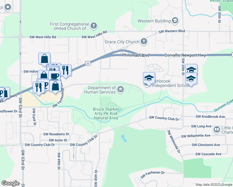 map of restaurants, bars, coffee shops, grocery stores, and more near 4170 Southwest Research Way in Corvallis