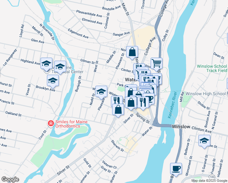 map of restaurants, bars, coffee shops, grocery stores, and more near 12 Park Street in Waterville