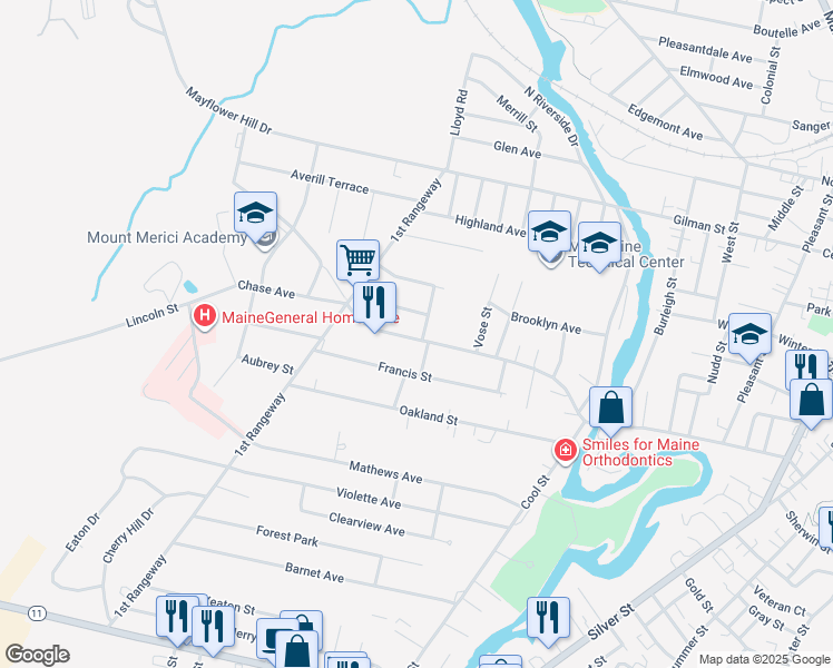 map of restaurants, bars, coffee shops, grocery stores, and more near 5 Elmhurst Street in Waterville