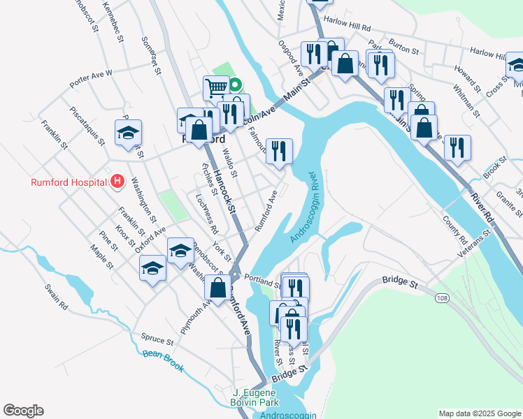 map of restaurants, bars, coffee shops, grocery stores, and more near 25 Oxford Avenue in Rumford