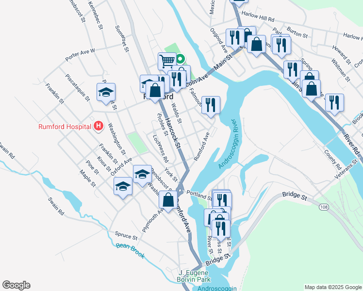 map of restaurants, bars, coffee shops, grocery stores, and more near 318 Hancock Street in Rumford