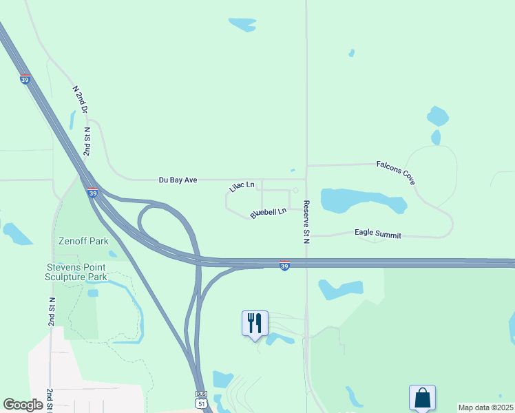 map of restaurants, bars, coffee shops, grocery stores, and more near 1801 Lilac Lane in Stevens Point