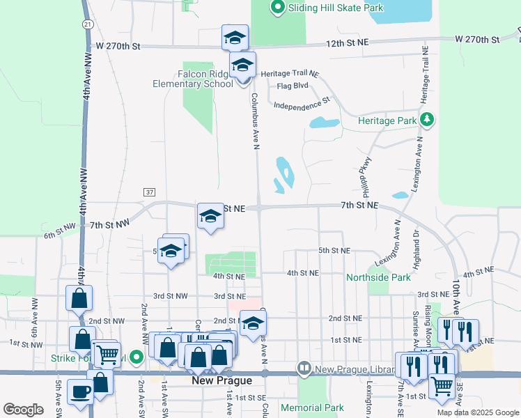 map of restaurants, bars, coffee shops, grocery stores, and more near 800 Columbus Avenue North in New Prague