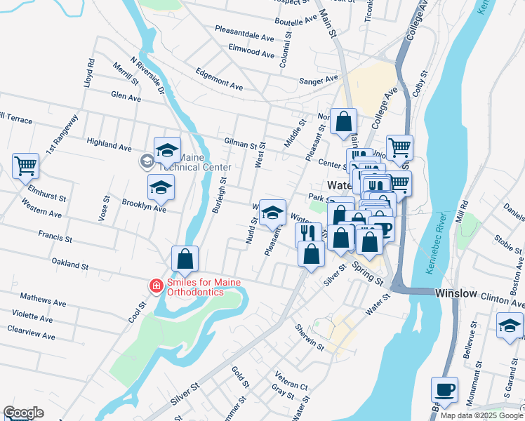 map of restaurants, bars, coffee shops, grocery stores, and more near 31 Winter Street in Waterville