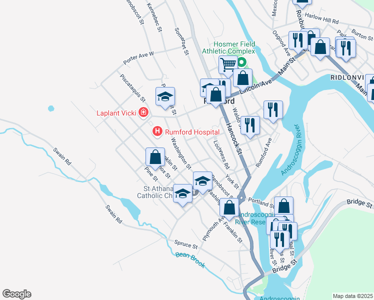 map of restaurants, bars, coffee shops, grocery stores, and more near 408 Penobscot Street in Rumford