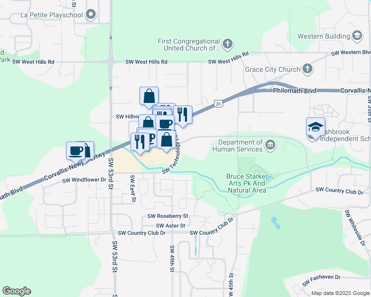 map of restaurants, bars, coffee shops, grocery stores, and more near 4800 Southwest Research Way in Corvallis