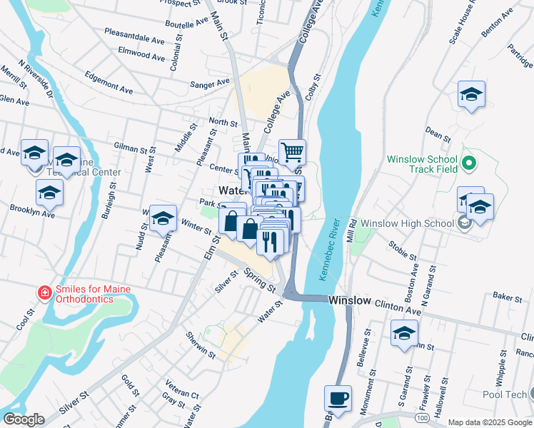map of restaurants, bars, coffee shops, grocery stores, and more near 165-167 Main Street in Waterville